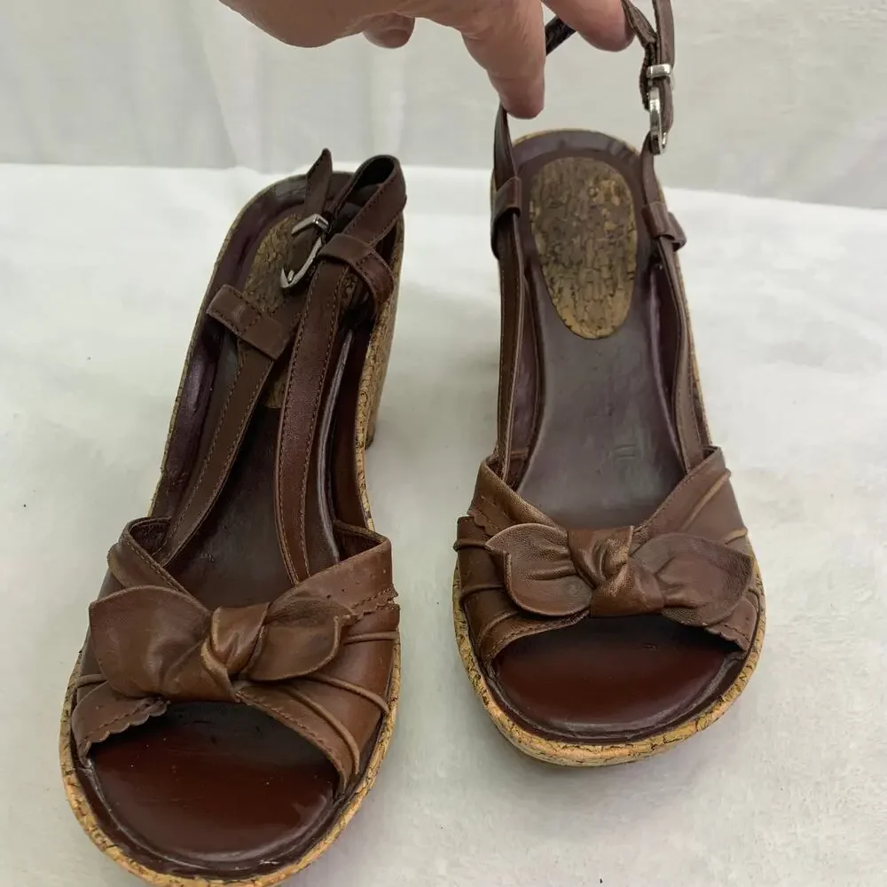Firecracker Womens Sz 6 Leather Wedge Platform Sandals Heels Brown Bow Slingback